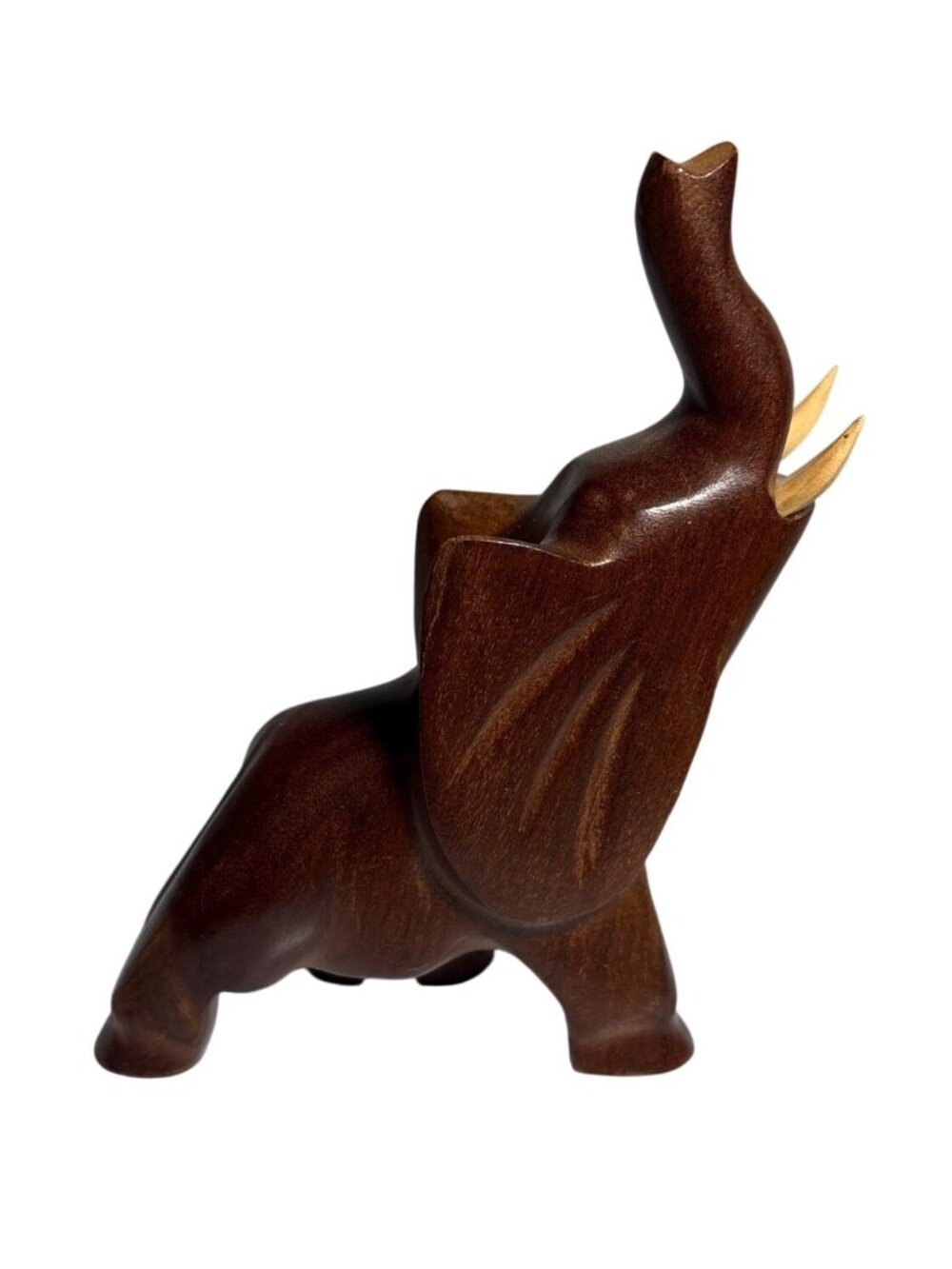 Hand Carved Wooden Elephant FigurineRaised Trunk And Tusks 5.5" Polished Finish